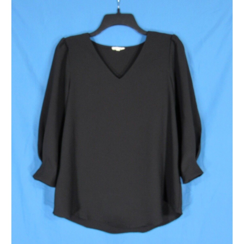JODIFL Women's SOLID BLACK Sateen Twill V-NECK 3/4 Sleeve PULLOVER Blouse Top S